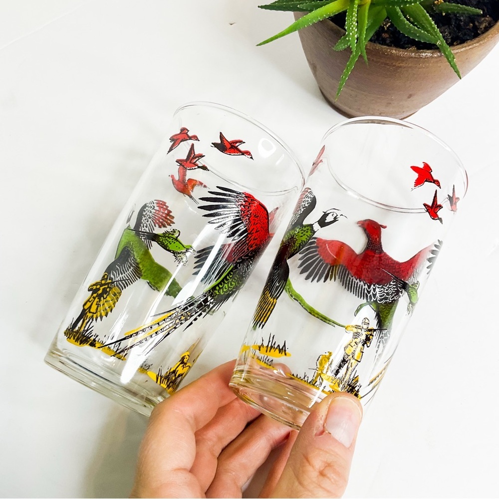Vintage Pheasant Hunting Glass Tumblers Set Retro Bird Barware